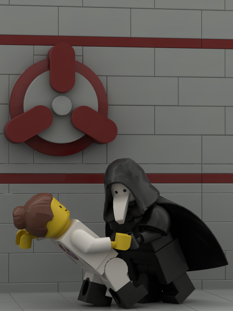 SCP-049的图片，一位来自中世纪的瘟疫医生，穿戴着一个白色的喙和一件黑色的斗篷，但都是由乐高制成的。它正和一位研究员跳探戈舞。