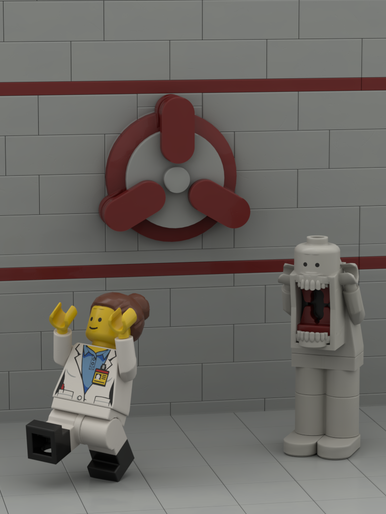 SCP-096的图片，一个苍白、消瘦、四肢修长的男人，它的下巴又宽又大，但是是用腿做成的。它举起它的双臂追赶一名研究员。