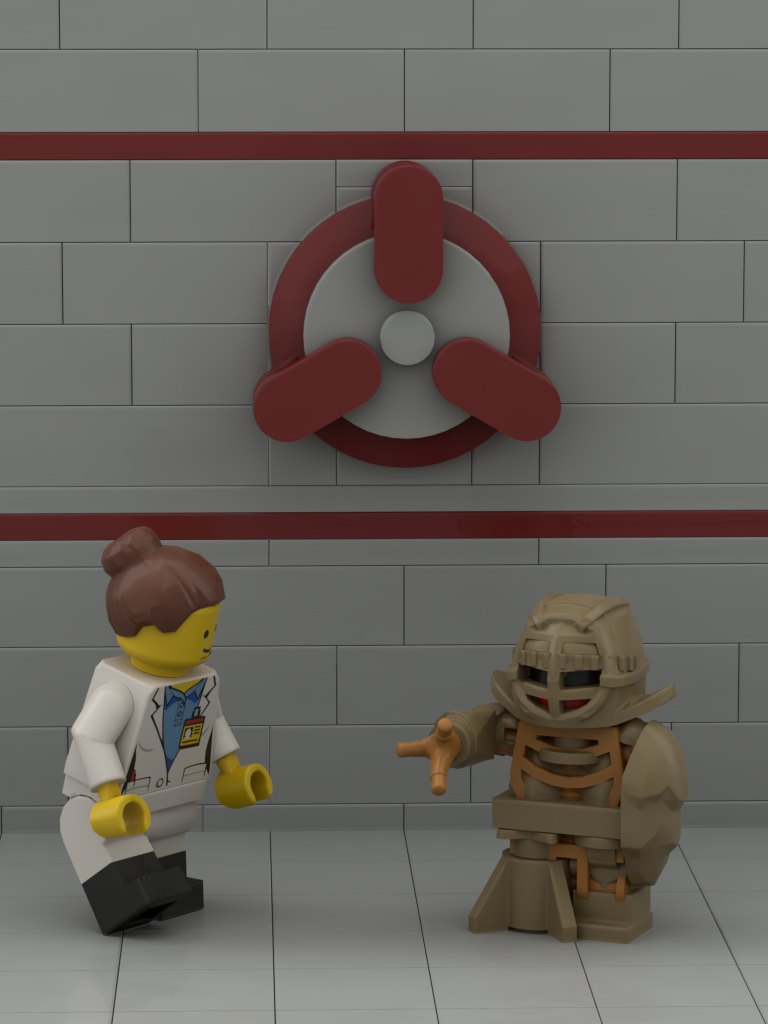 SCP-173的图片，它由一团混凝土和钢筋组成，一个手臂状的附属物从中伸出，但都是由乐高制成的。一位SCP研究员正要蹲下来看看它。