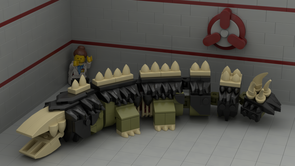 SCP-682的图片，一头绿色的毛绒大蜥蜴，骨骼突出，但是是用腿做成。一名吓坏了的SCP研究员蜷缩在角落里。