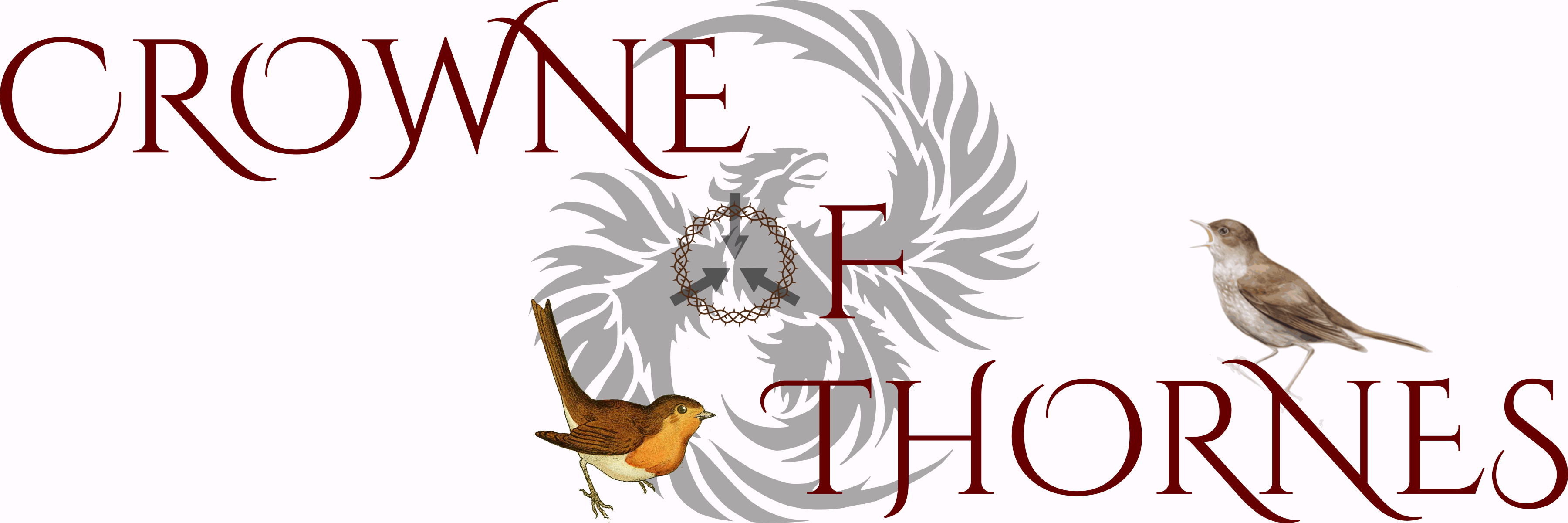 “荆棘王冠”的字样叠加在一只凤凰之上。“of”中的“o”由一顶荆棘王冠构成，SCP标志的箭头叠加在其上。一只知更鸟和一只夜莺注视着这顶王冠。